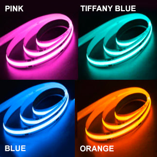 Turkoosi COB LED-valonauha, erilaisia värejä, mukaan lukien Tiffany Blue, pinkki, sininen ja oranssi.