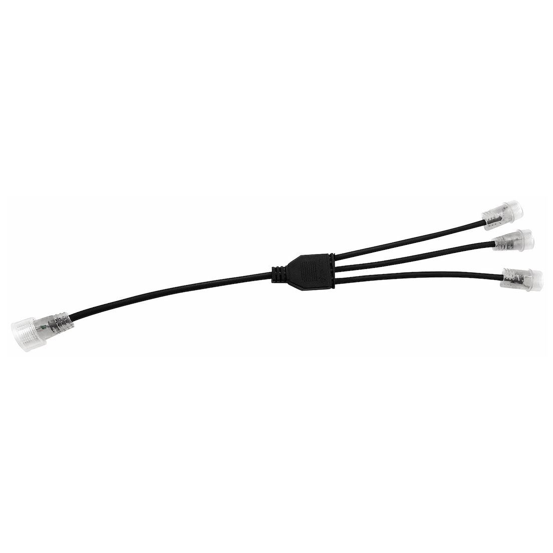 X-Liitos 230V LED-nauhakiinnitys, missä yksi sisään ja kolme ulos, musta kaapeli.
